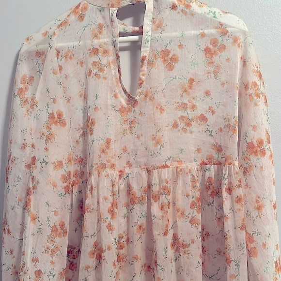 ⚡️ZARA Orange Floral Blouse with Mandarin Collar and Keyhole SZ S sheer nude - Picture 9 of 10